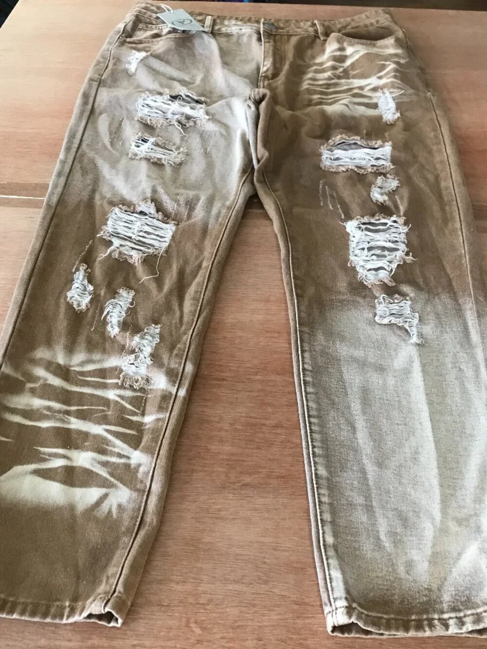 Yasuyuan Straight Leg Jeans Men 38x29 Brown Tie Dye Distressed Shredding Stretch